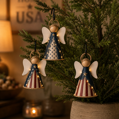 😇😇Rustic Red, White & Blue Angel Ornament with Warm LED Lights -3Pcs