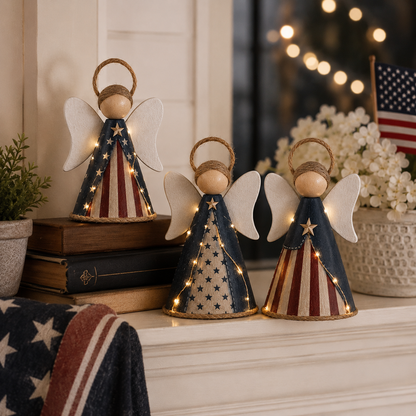 😇😇Rustic Red, White & Blue Angel Ornament with Warm LED Lights -3Pcs