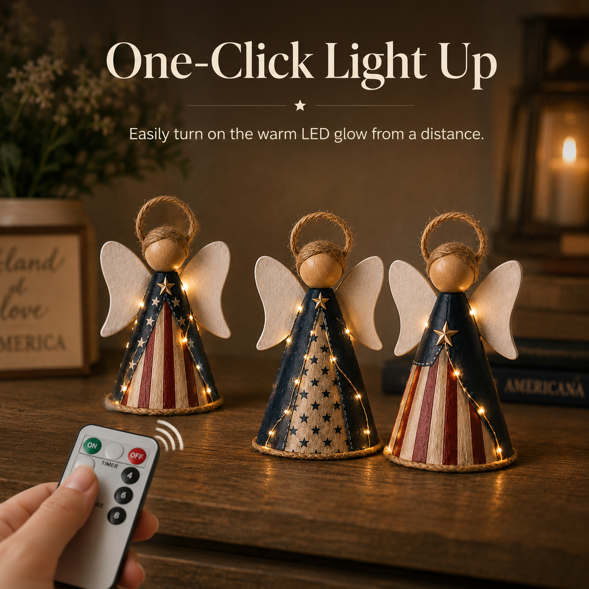 😇😇Rustic Red, White & Blue Angel Ornament with Warm LED Lights -3Pcs