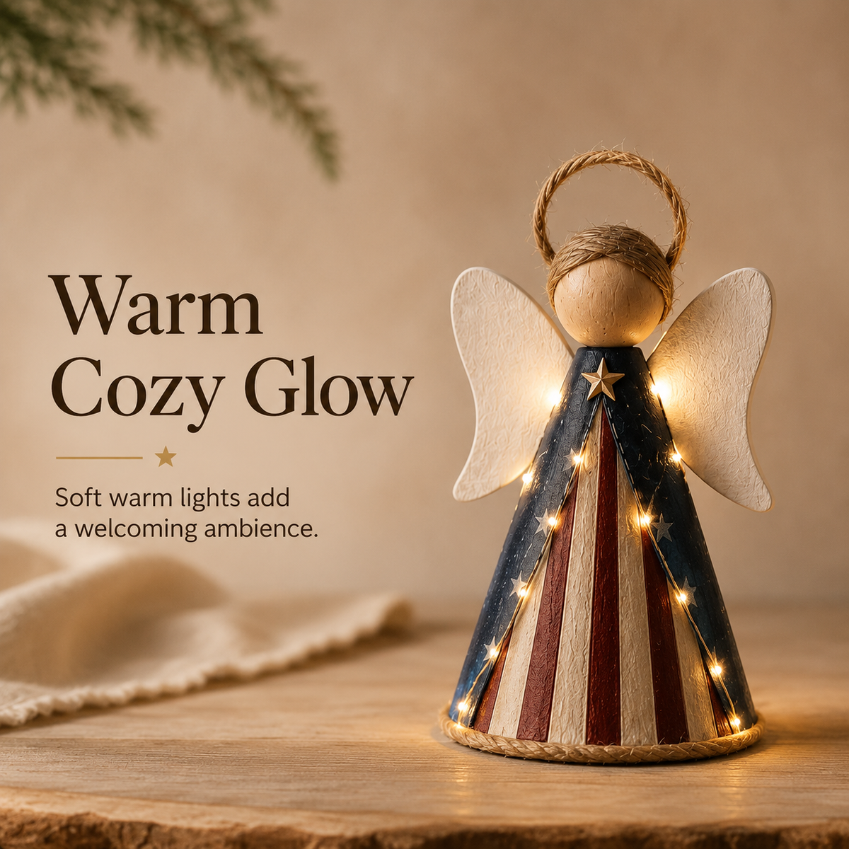 😇😇Rustic Red, White & Blue Angel Ornament with Warm LED Lights -3Pcs