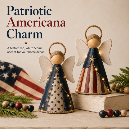 😇😇Rustic Red, White & Blue Angel Ornament with Warm LED Lights -3Pcs