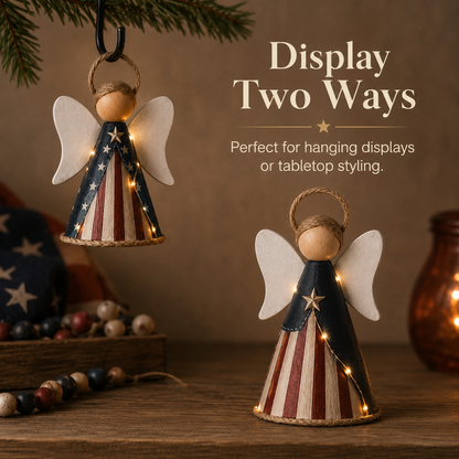 😇😇Rustic Red, White & Blue Angel Ornament with Warm LED Lights -3Pcs