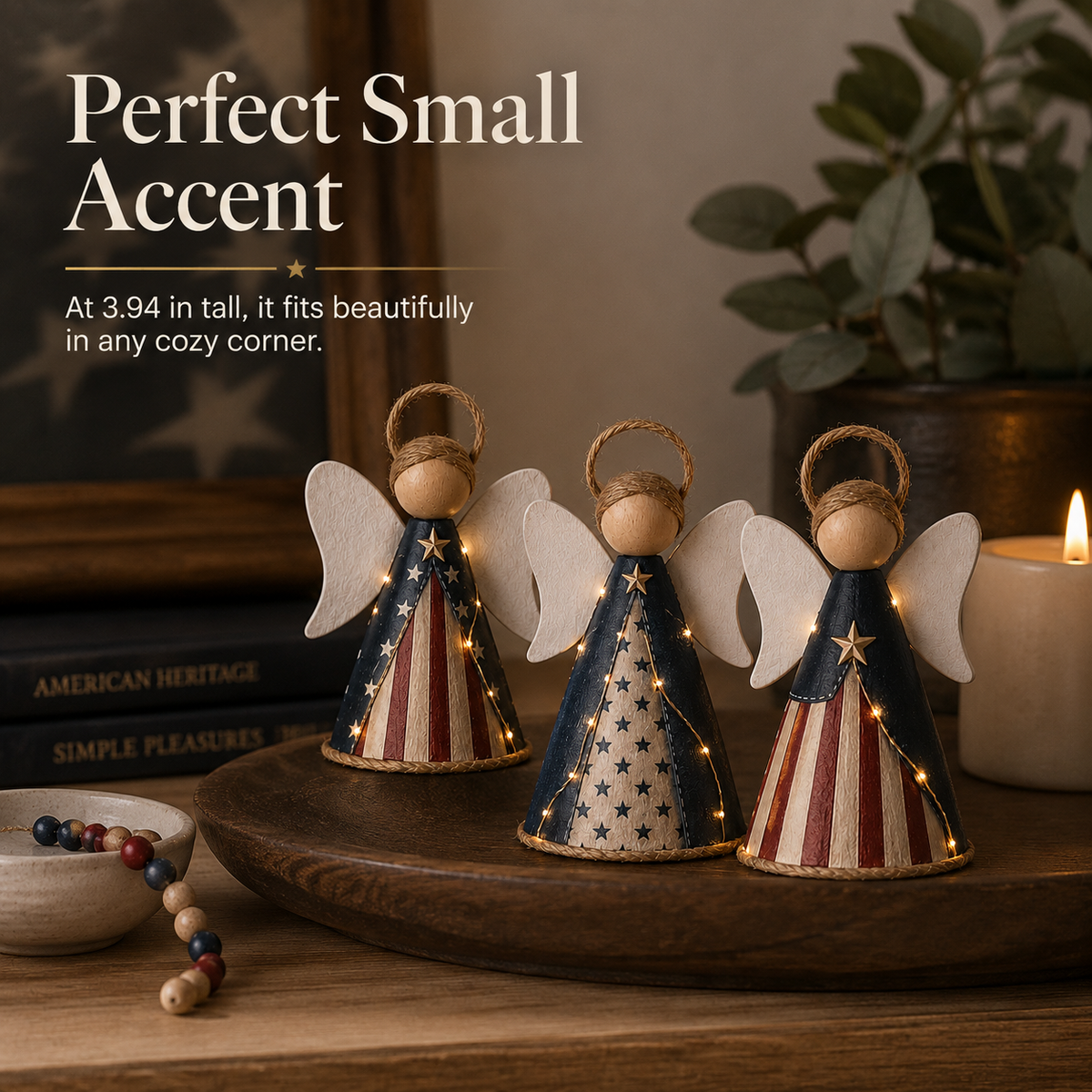 😇😇Rustic Red, White & Blue Angel Ornament with Warm LED Lights -3Pcs