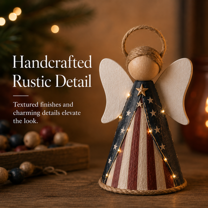 😇😇Rustic Red, White & Blue Angel Ornament with Warm LED Lights -3Pcs