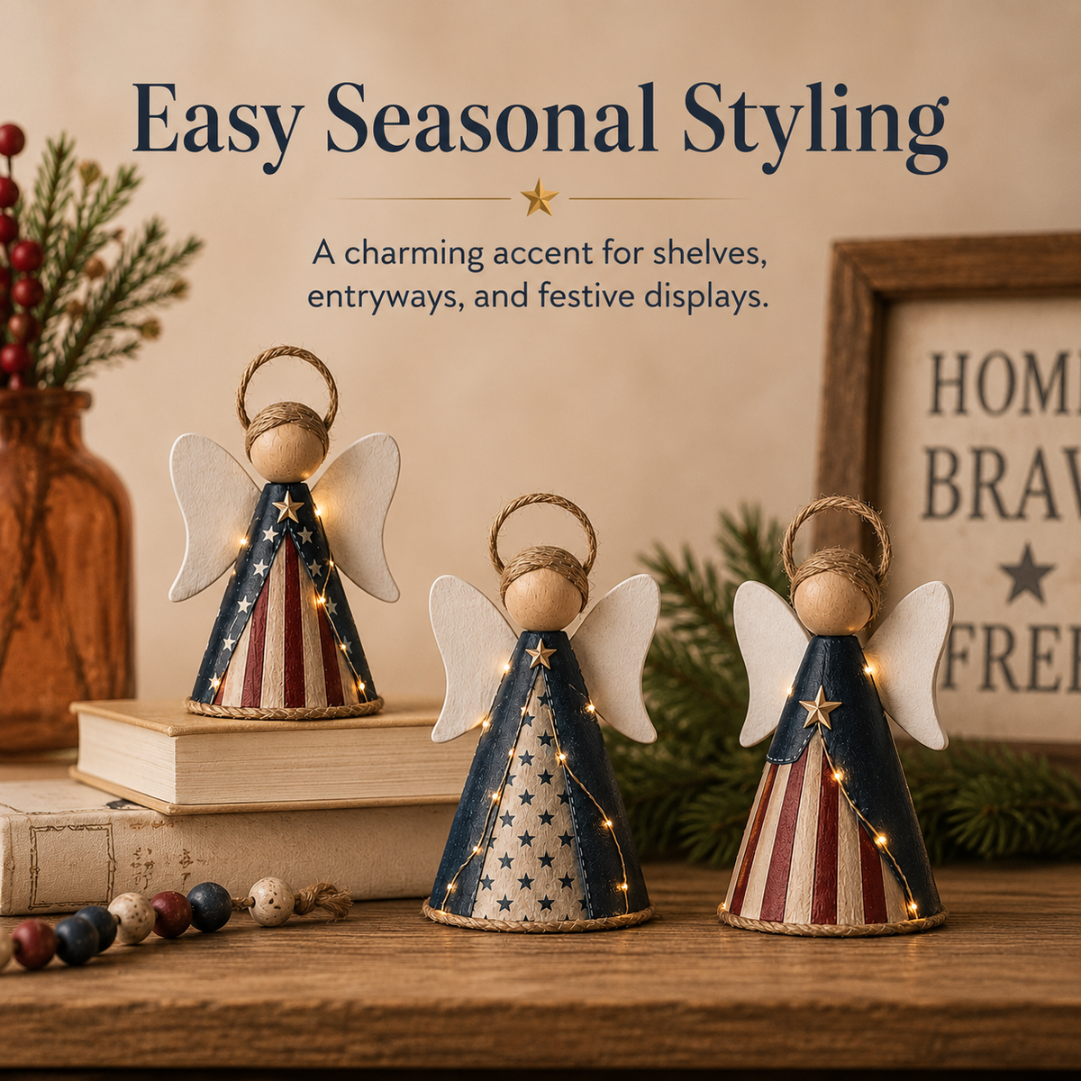 😇😇Rustic Red, White & Blue Angel Ornament with Warm LED Lights -3Pcs