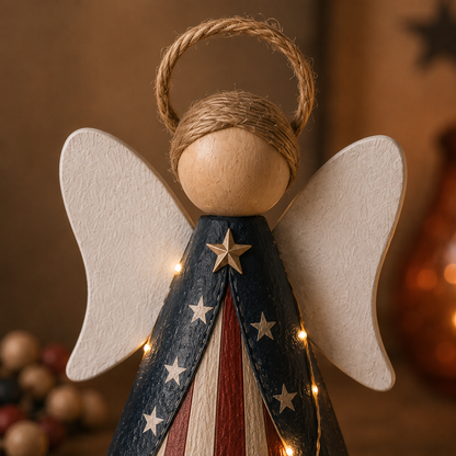 😇😇Rustic Red, White & Blue Angel Ornament with Warm LED Lights -3Pcs