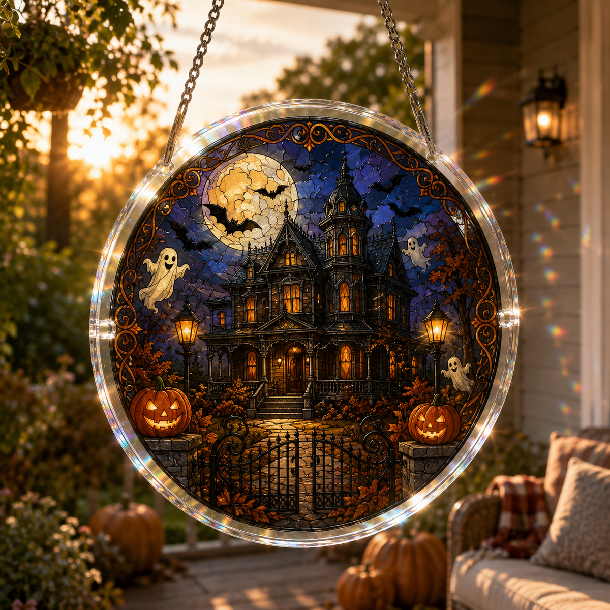 👻Halloween Acrylic Jigsaw Puzzle Suncatcher - Gothic Haunted House & Moon