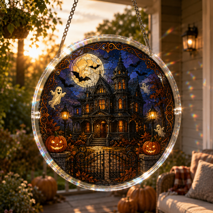 👻Halloween Acrylic Jigsaw Puzzle Suncatcher - Gothic Haunted House & Moon