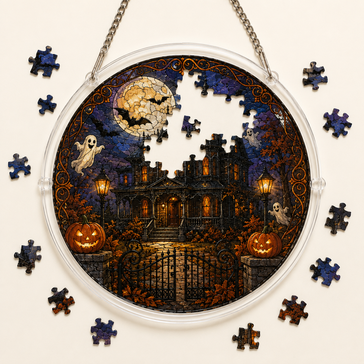 👻Halloween Acrylic Jigsaw Puzzle Suncatcher - Gothic Haunted House & Moon