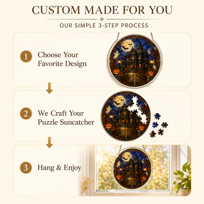 👻Halloween Acrylic Jigsaw Puzzle Suncatcher - Gothic Haunted House & Moon