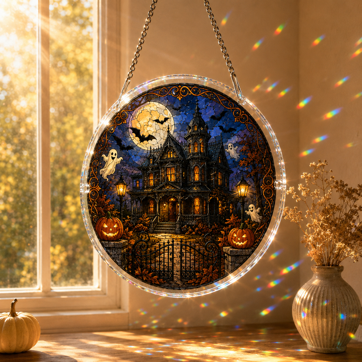 👻Halloween Acrylic Jigsaw Puzzle Suncatcher - Gothic Haunted House & Moon