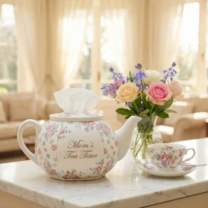 Personalized Teapot Tissue Box Cover, Custom Name Floral Decorative Tissue Holder