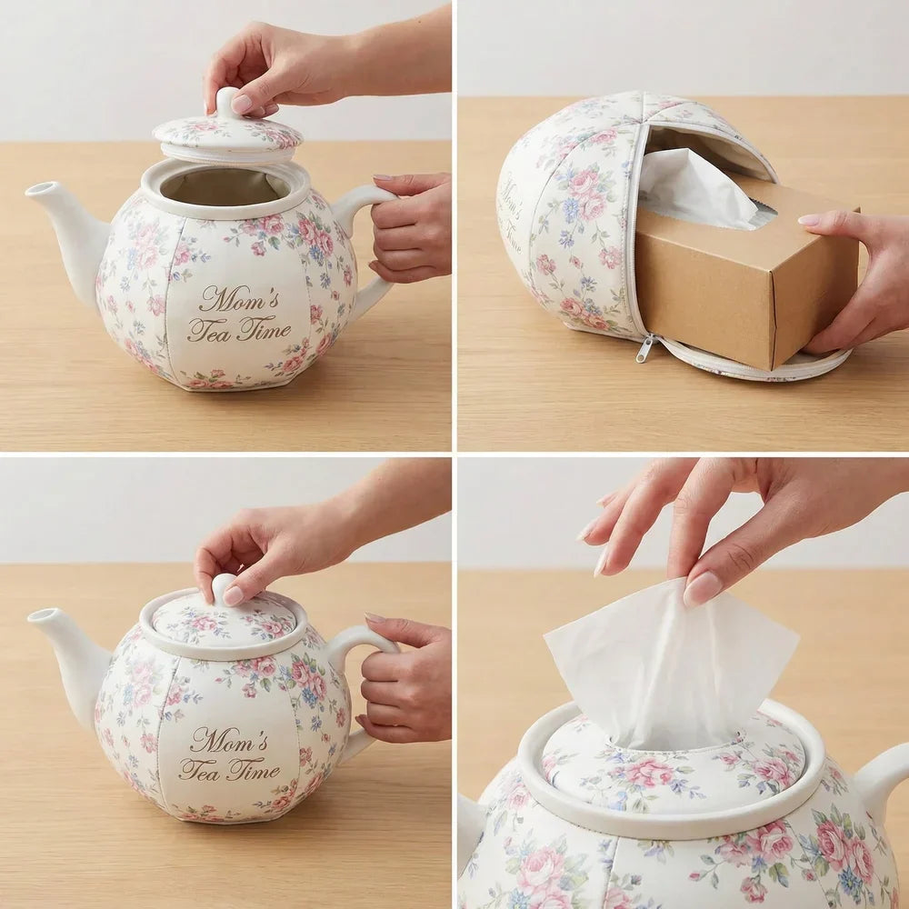 Personalized Teapot Tissue Box Cover, Custom Name Floral Decorative Tissue Holder