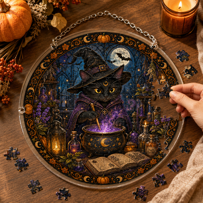 👻Halloween Acrylic Jigsaw Puzzle Suncatcher - Gothic Haunted House & Moon