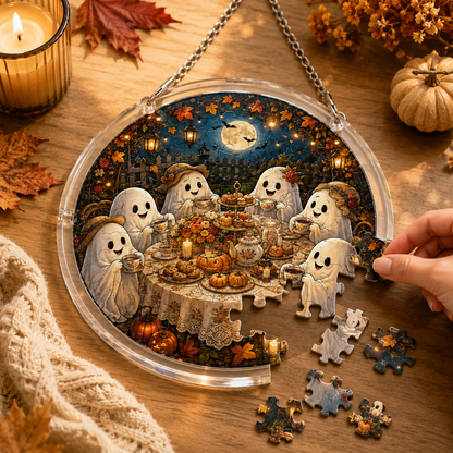 👻Halloween Acrylic Jigsaw Puzzle Suncatcher - Gothic Haunted House & Moon