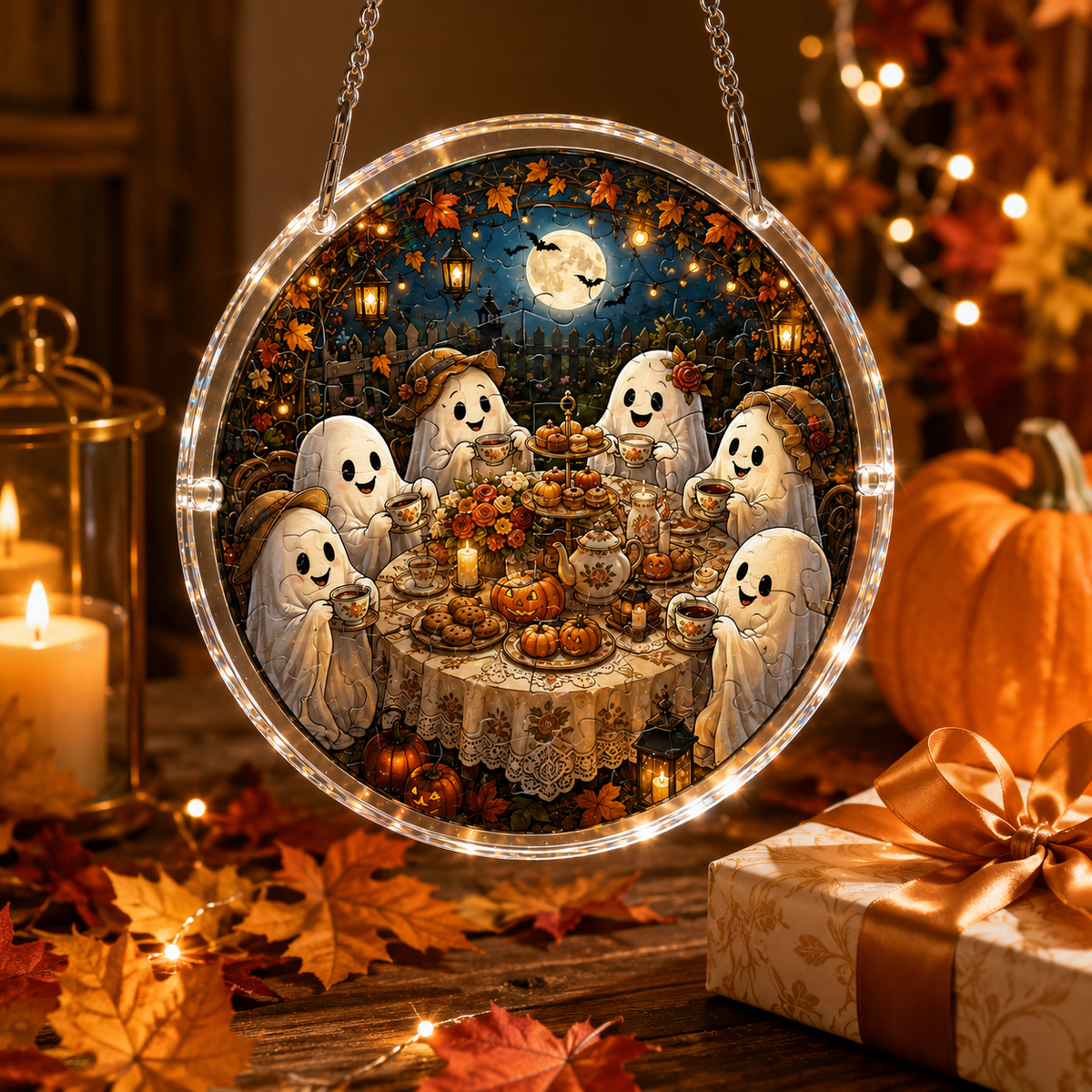 👻Halloween Acrylic Jigsaw Puzzle Suncatcher - Gothic Haunted House & Moon