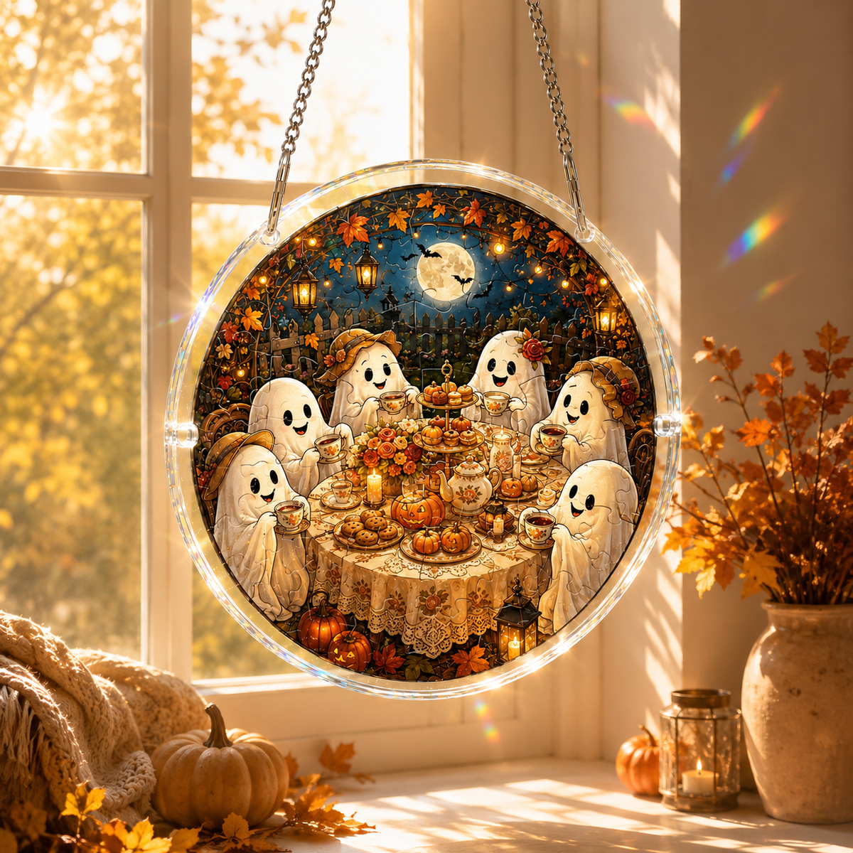 👻Halloween Acrylic Jigsaw Puzzle Suncatcher - Gothic Haunted House & Moon
