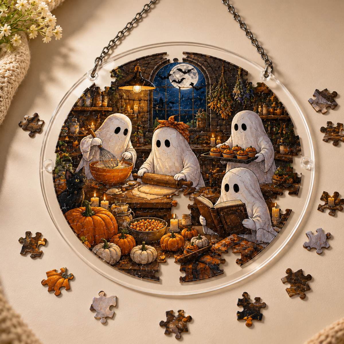 👻Halloween Acrylic Jigsaw Puzzle Suncatcher - Gothic Haunted House & Moon