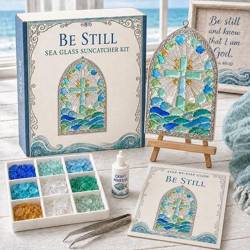 🎅🎅 2026 Christmas Gift 50% Off--“Be Still” Christian Sea Glass Suncatcher DIY Kit – Cross & Ocean Wave Stained Glass Craft, Psalm 46:10 Faith-Inspired Window Décor and Religious Gift