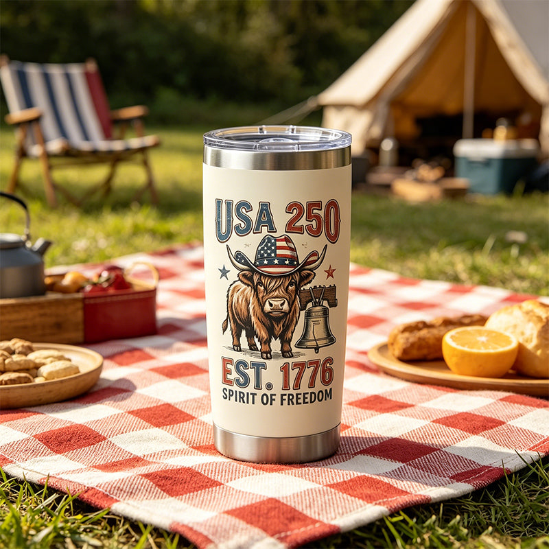 2026 Special Edition: USA 250th Anniversary "Spirit of Freedom" Highland Cow Insulated Tumbler - 20oz Stainless Steel Travel Mug
