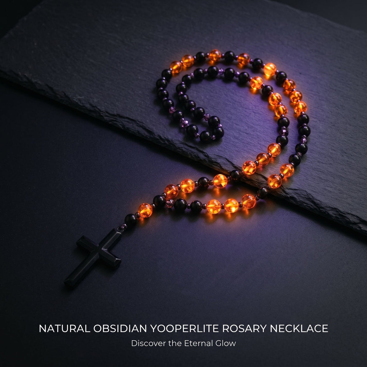 Natural Obsidian Yooperlite RosaryNecklace, UV Reactive EnergyProtection Healing Crystal