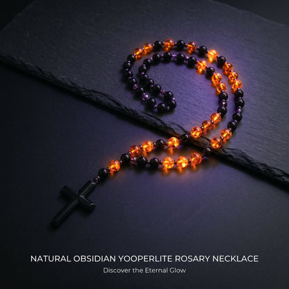 Natural Obsidian Yooperlite RosaryNecklace, UV Reactive EnergyProtection Healing Crystal