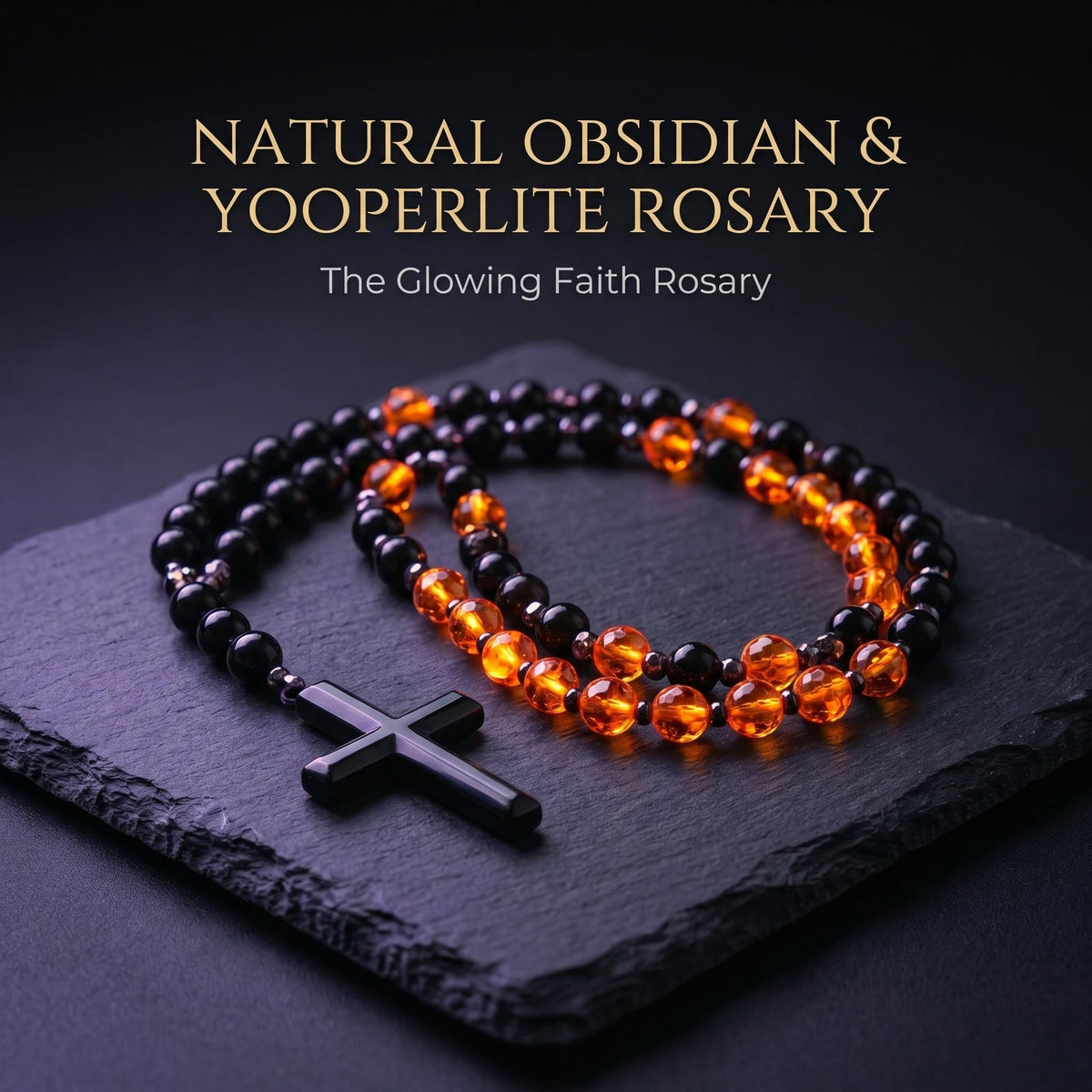 Natural Obsidian Yooperlite RosaryNecklace, UV Reactive EnergyProtection Healing Crystal