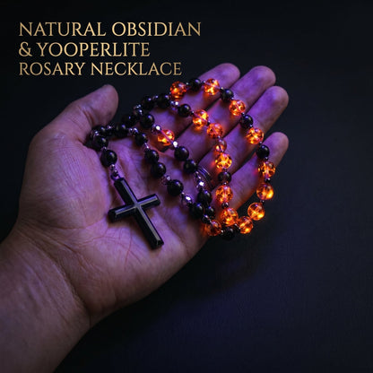Natural Obsidian Yooperlite RosaryNecklace, UV Reactive EnergyProtection Healing Crystal