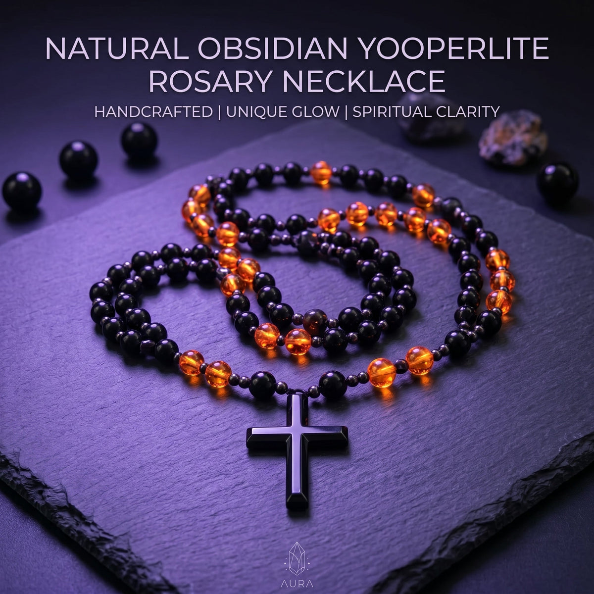 Natural Obsidian Yooperlite RosaryNecklace, UV Reactive EnergyProtection Healing Crystal