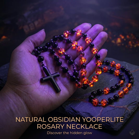 Natural Obsidian Yooperlite RosaryNecklace, UV Reactive EnergyProtection Healing Crystal