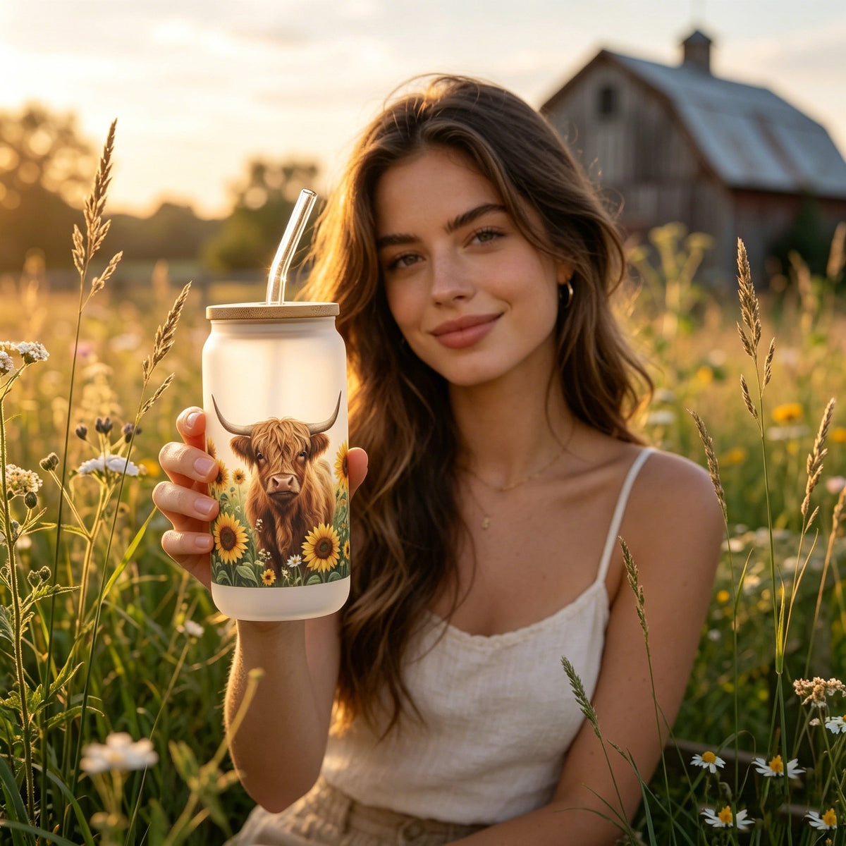 🐮 Highland Cow & Sunflower Frosted Glass Tumbler | 16oz Farmhouse Drinking Jar