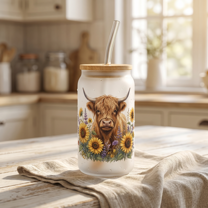 🐮 Highland Cow & Sunflower Frosted Glass Tumbler | 16oz Farmhouse Drinking Jar