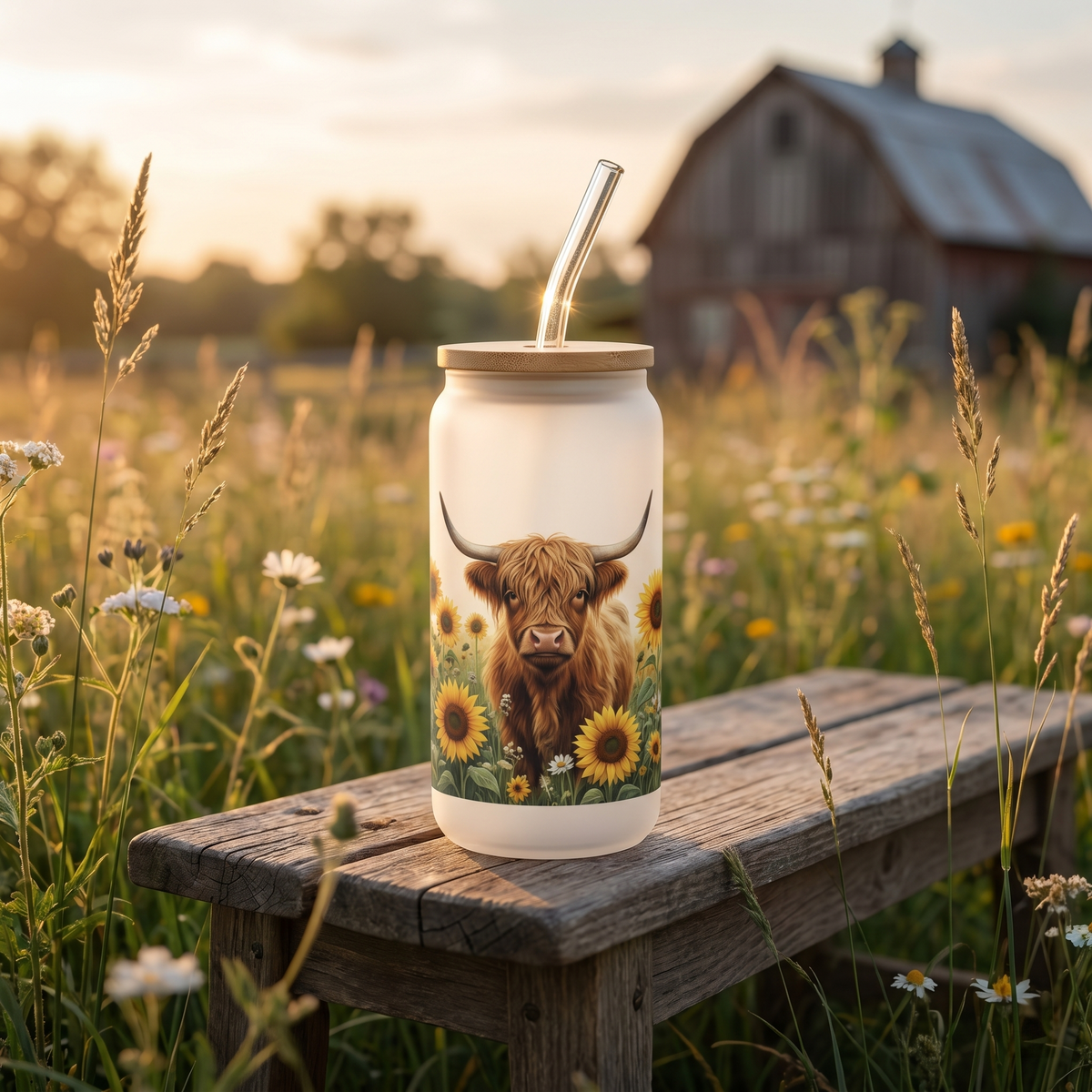 🐮 Highland Cow & Sunflower Frosted Glass Tumbler | 16oz Farmhouse Drinking Jar