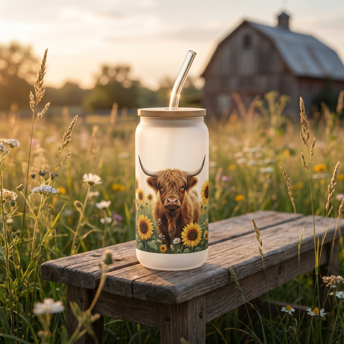🐮 Highland Cow & Sunflower Frosted Glass Tumbler | 16oz Farmhouse Drinking Jar