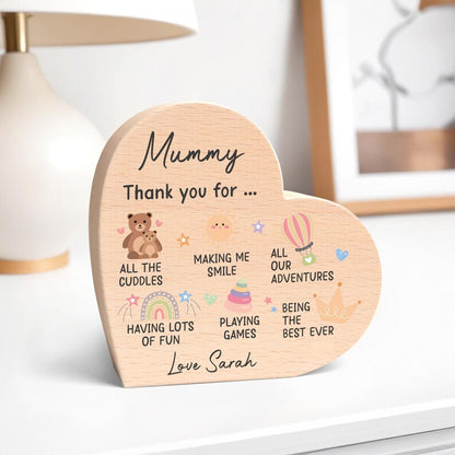Mummy Gifts From Baby Son Daughter; Personalised Wood Heart With Grey Bag