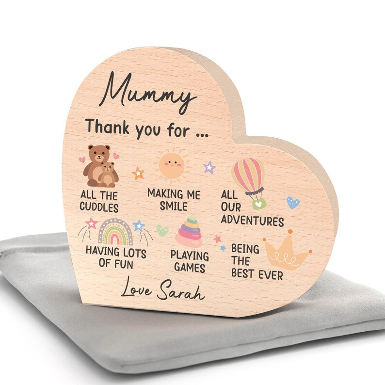 Mummy Gifts From Baby Son Daughter; Personalised Wood Heart With Grey Bag