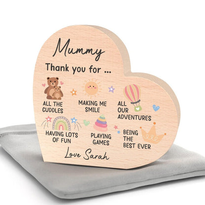 Mummy Gifts From Baby Son Daughter; Personalised Wood Heart With Grey Bag