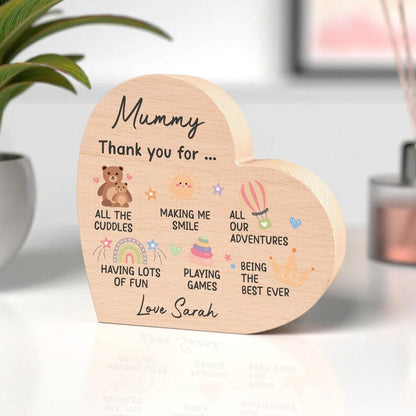 Mummy Gifts From Baby Son Daughter; Personalised Wood Heart With Grey Bag