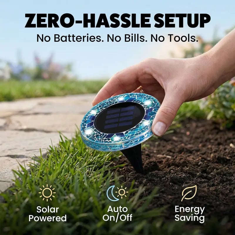 Solar Disk Lights – Handcrafted Mosaic Outdoor LED Waterproof In-Ground & Tabletop Wireless Lighting