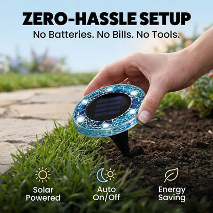 Solar Disk Lights – Handcrafted Mosaic Outdoor LED Waterproof In-Ground & Tabletop Wireless Lighting