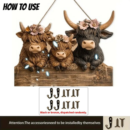🐮 🐮2D-Rustic Highland Cow Wooden Family Key Holder Hanging Ornament with 4 Hooks