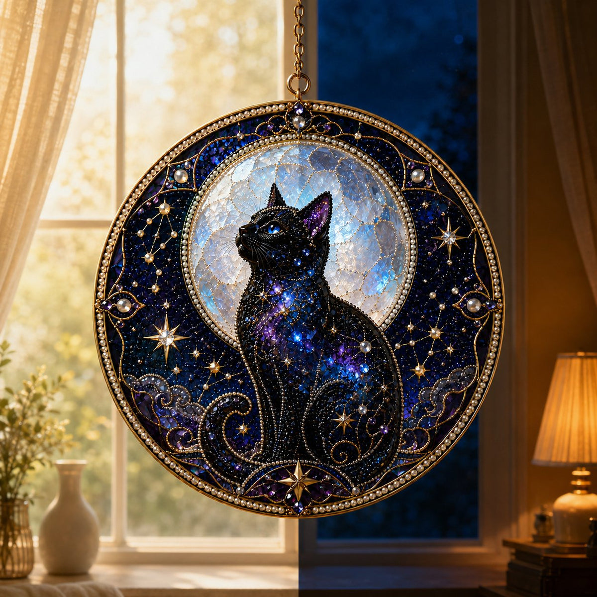 🌙🌙🐈‍⬛ LAST DAY 49% OFF – ✨ Premium 3D Pearl Celestial Black Cat Window Hanging Kit | Luxury Flocked Canvas with Scratch-Resistant Non-Fading Pearl Beads DIY Handmade Moonlight Suncatcher Decor 🔮💎