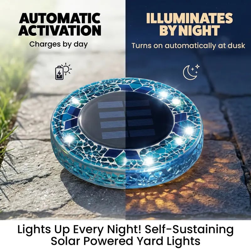 Solar Disk Lights – Handcrafted Mosaic Outdoor LED Waterproof In-Ground & Tabletop Wireless Lighting