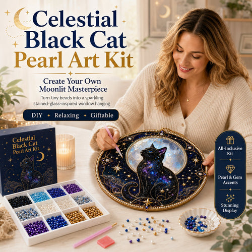 🌙🌙🐈‍⬛ LAST DAY 49% OFF – ✨ Premium 3D Pearl Celestial Black Cat Window Hanging Kit | Luxury Flocked Canvas with Scratch-Resistant Non-Fading Pearl Beads DIY Handmade Moonlight Suncatcher Decor 🔮💎