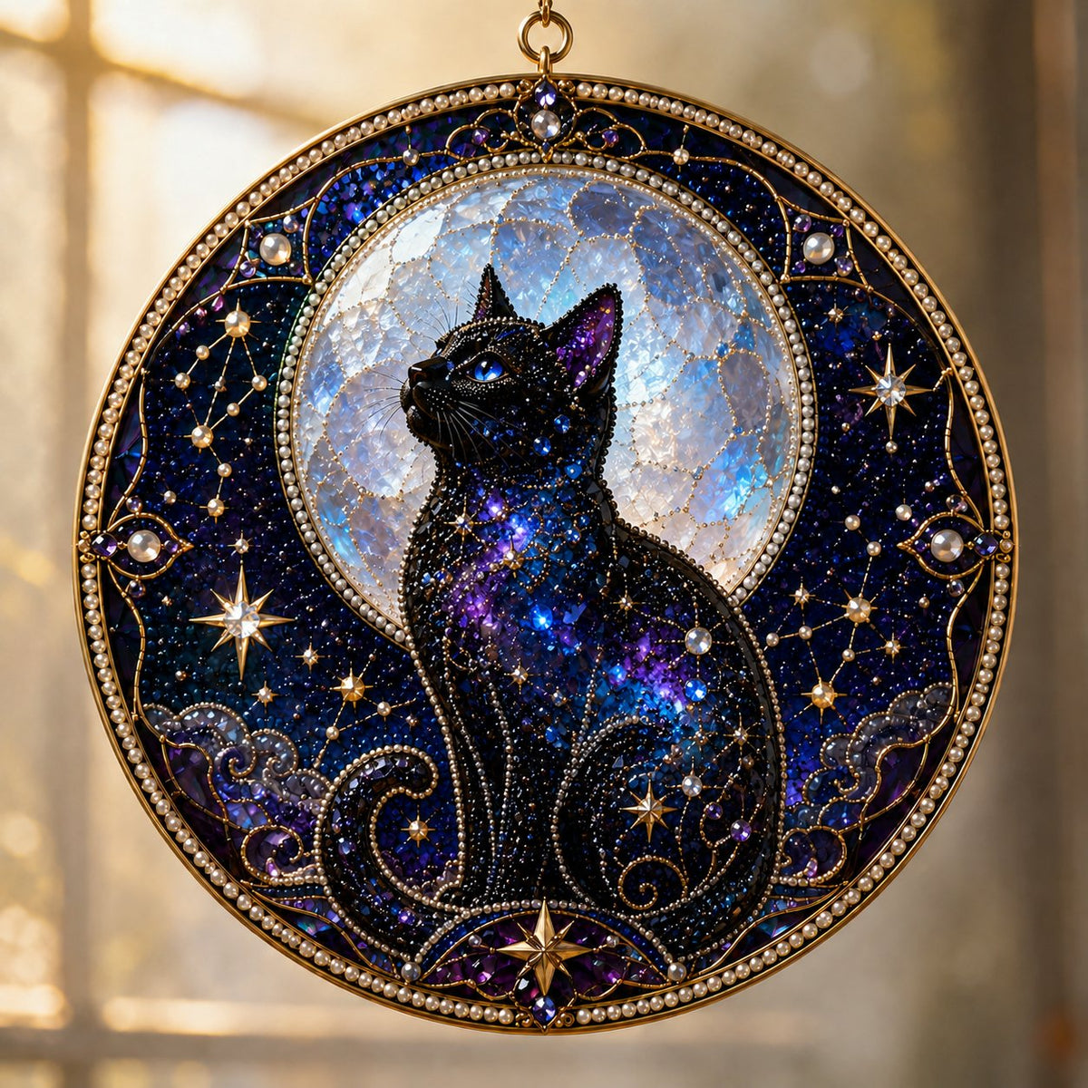 🌙🌙🐈‍⬛ LAST DAY 49% OFF – ✨ Premium 3D Pearl Celestial Black Cat Window Hanging Kit | Luxury Flocked Canvas with Scratch-Resistant Non-Fading Pearl Beads DIY Handmade Moonlight Suncatcher Decor 🔮💎