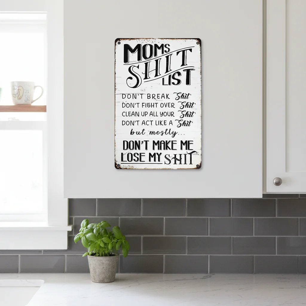 ❤️❤️"Mom’s Shit List" Funny Metal Sign – Sarcastic Tin Plaque for the Queen of the House