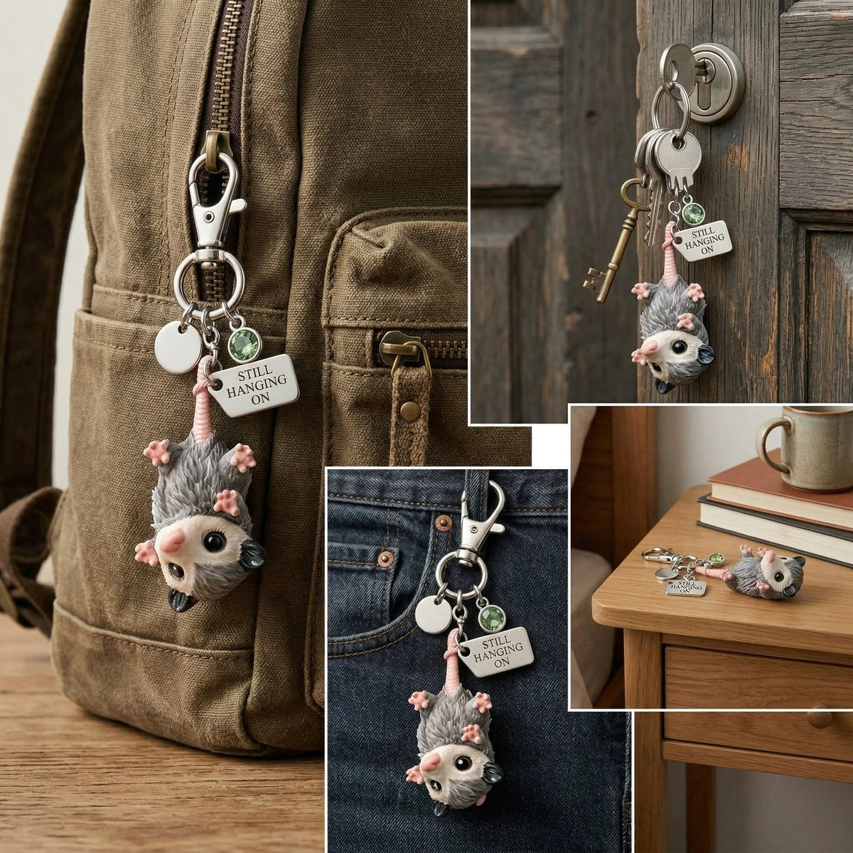 🐁🐁A Little Opossum for You - "Still Hanging On" Keychain & Sentiment Card Set