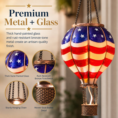 Solar Patriotic Hot Air Balloon Lantern Red, White, and Blue Glass Hanging Light with Realistic Flickering Flame Effect