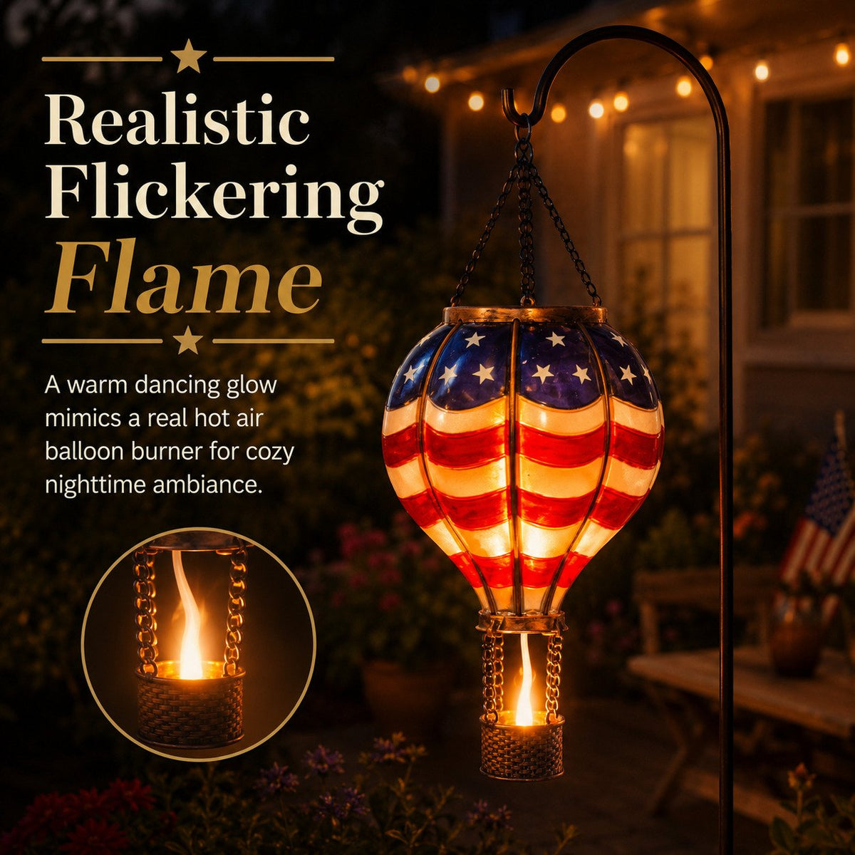 Solar Patriotic Hot Air Balloon Lantern Red, White, and Blue Glass Hanging Light with Realistic Flickering Flame Effect