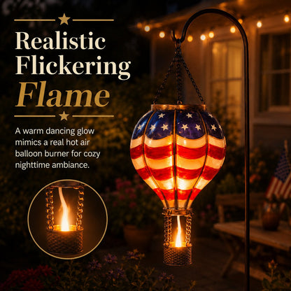Solar Patriotic Hot Air Balloon Lantern Red, White, and Blue Glass Hanging Light with Realistic Flickering Flame Effect